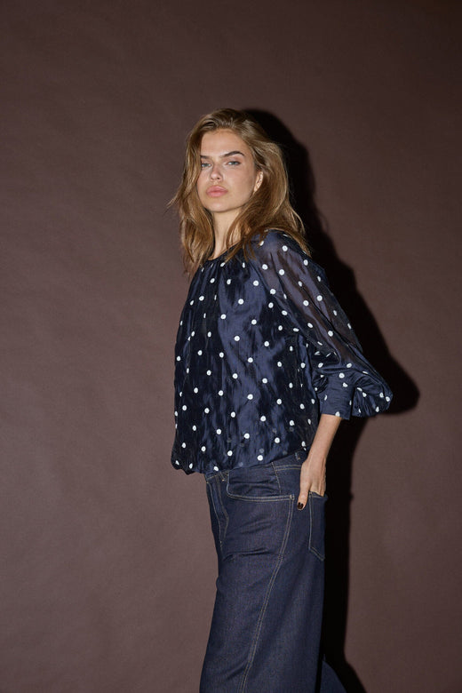 Co´Couture - Ditacc Dot Ls Balloon Blouse 500601 - 40007 - Navy Bluser 
