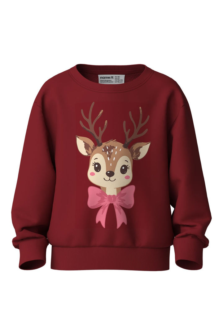 Name It - Nmfvertrud Ls Nreg Sweat - 5129003 Red Dahlia Reindeer Bow