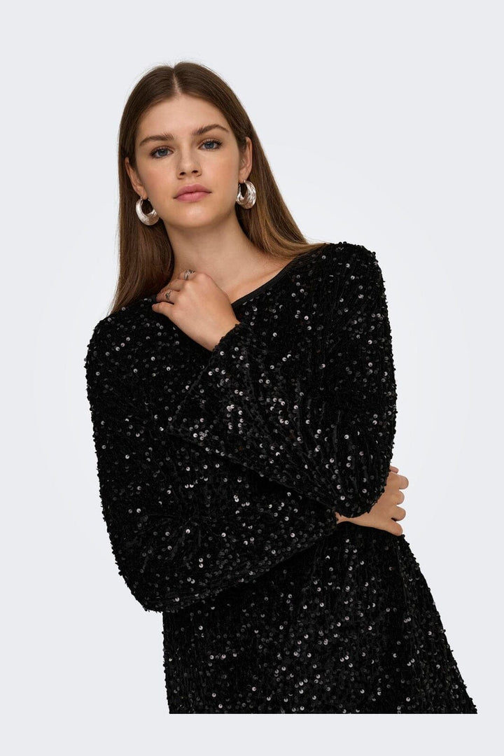 Only - Onlanika Sequins Ls Bow Dress - 4930221 Black Black Sequins