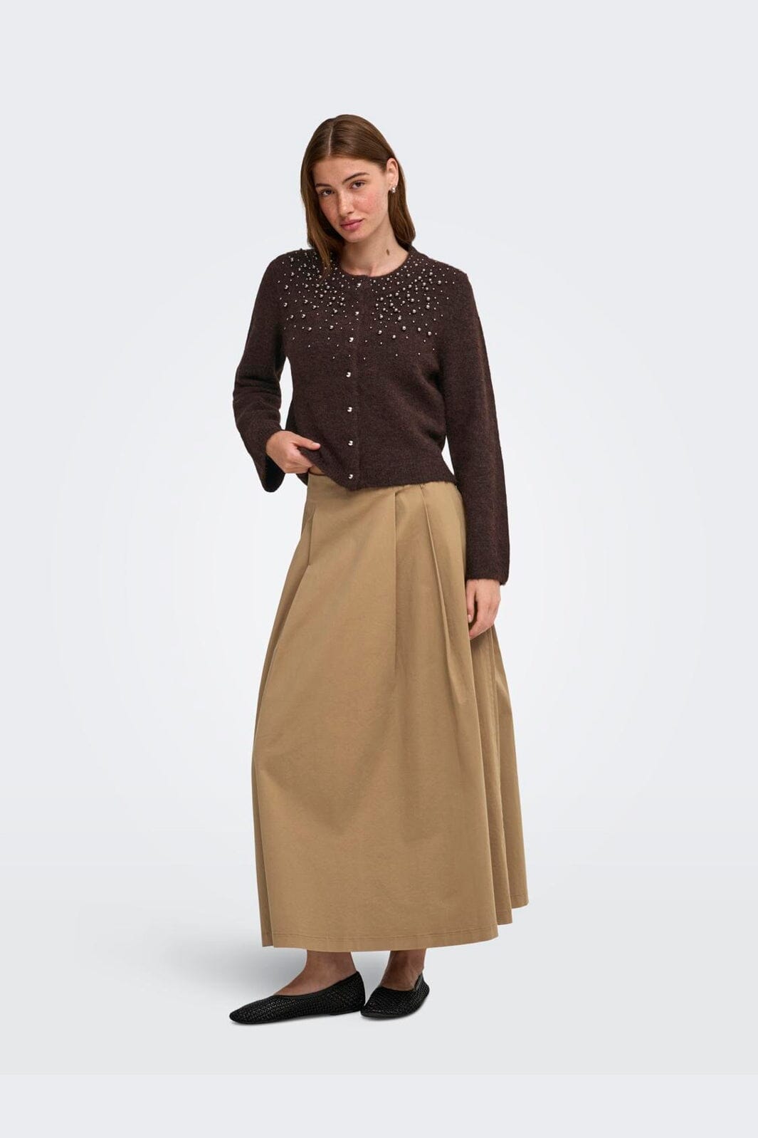 Only - Onlmiggie Ls O-Neck Pearl Cardi Knt - 5062031 Coffee Bean Melange/Silver Metal Pearl