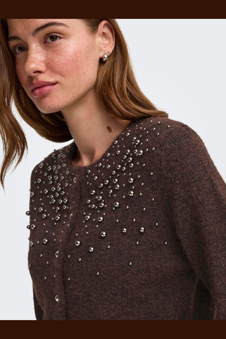 Only - Onlmiggie Ls O-Neck Pearl Cardi Knt - 5062031 Coffee Bean Melange/Silver Metal Pearl