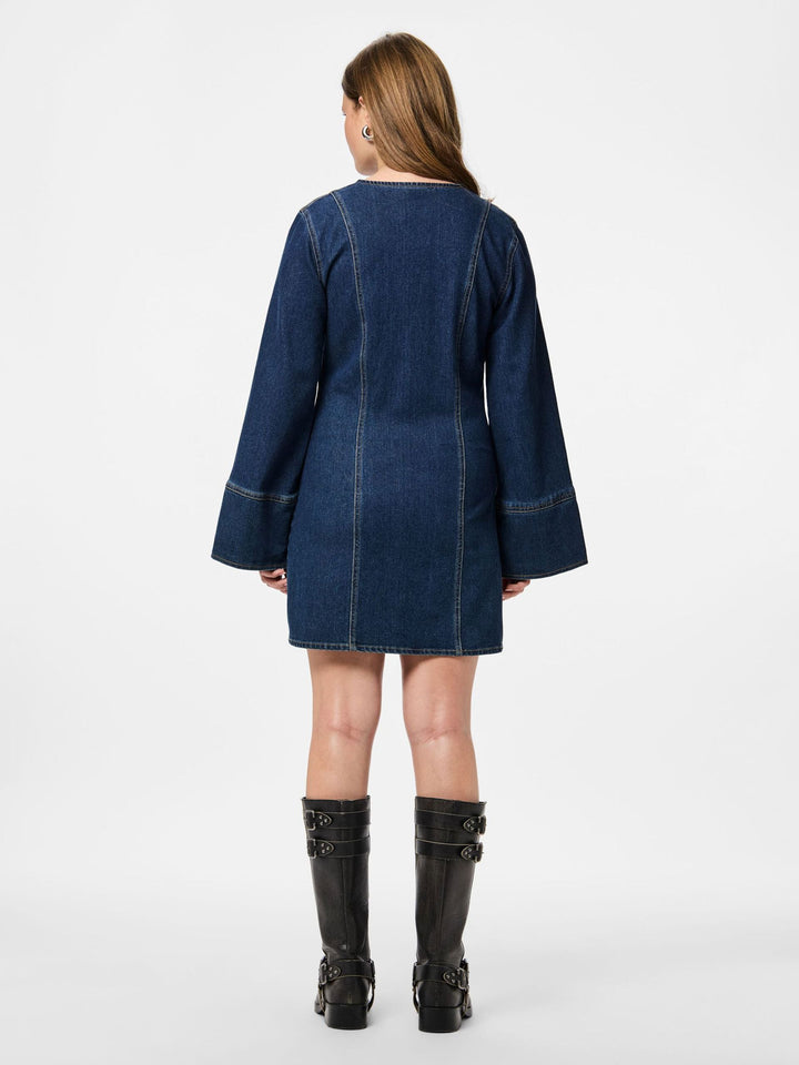 Pieces - Pcflora Ls Denim Dress - 4965162 Dark Blue Denim Kjoler 