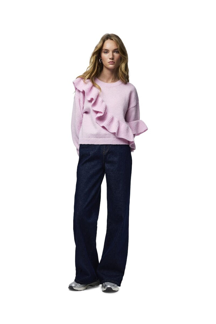 Pieces - Pcnor Ls O-Neck Knit Frill Pullover - 4993337 Pink Tulle Strikbluser 